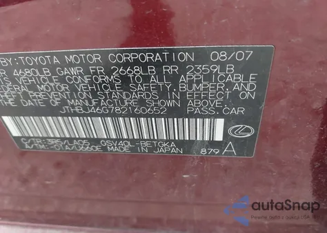 2008 Lexus Es 350 350 from USA, damaged, VIN JTHBJ46G782160652